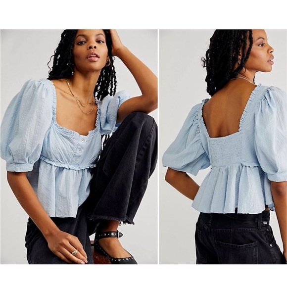 Free People Tops - Free People Leave It To Me Square Neck Balloon Sleeve Boho Top Blue Size Large